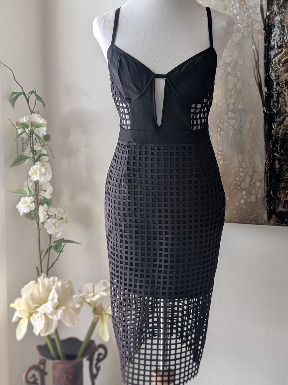 Fashion Nova Black Grid-Overlay Midi Dress